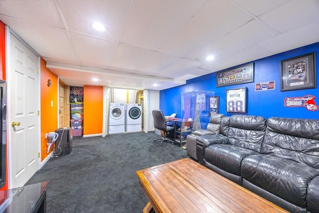 68 Ice Pond Dr, Northampton, MA 01062 - carpeted living area with washing machine and clothes dryer, a paneled ceiling, and baseboards