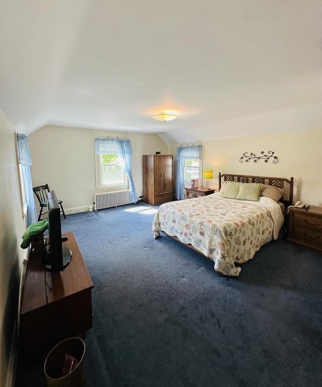 70 Sherman St, Quincy, MA 02170 - bedroom featuring radiator heating unit, lofted ceiling, carpet flooring, and baseboards