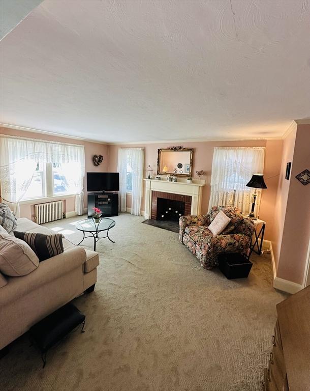 70 Sherman St, Quincy, MA 02170 - carpeted living area featuring radiator, plenty of natural light, baseboards, and a brick fireplace