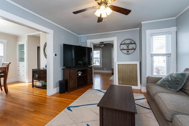 living area with ceiling fan, baseboards, light wood finished floors, and ornamental molding