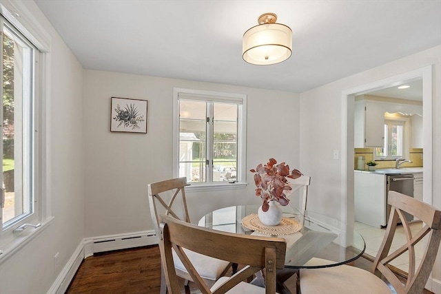 286 Laurel St, Melrose, MA 02176 - dining space featuring a baseboard radiator, light wood-style floors, and baseboards
