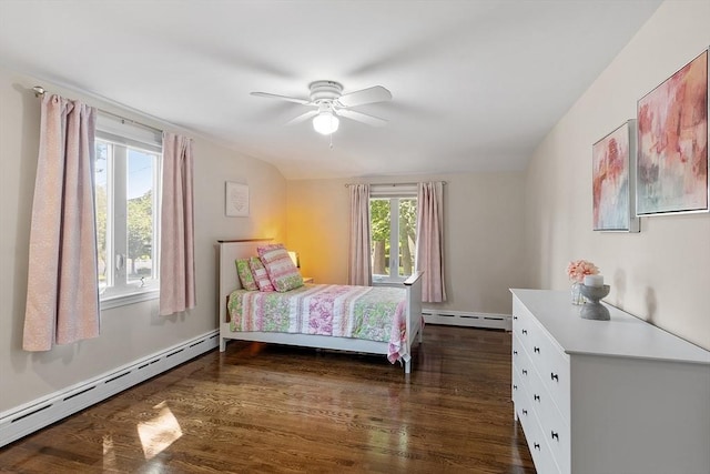 286 Laurel St, Melrose, MA 02176 - bedroom with a baseboard radiator, dark wood-style flooring, and a ceiling fan