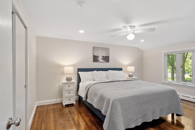 286 Laurel St, Melrose, MA 02176 - bedroom featuring dark wood-style floors, baseboards, recessed lighting, ceiling fan, and a baseboard radiator