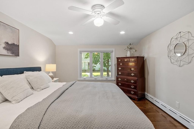 286 Laurel St, Melrose, MA 02176 - bedroom with a baseboard radiator, dark wood finished floors, lofted ceiling, recessed lighting, and ceiling fan
