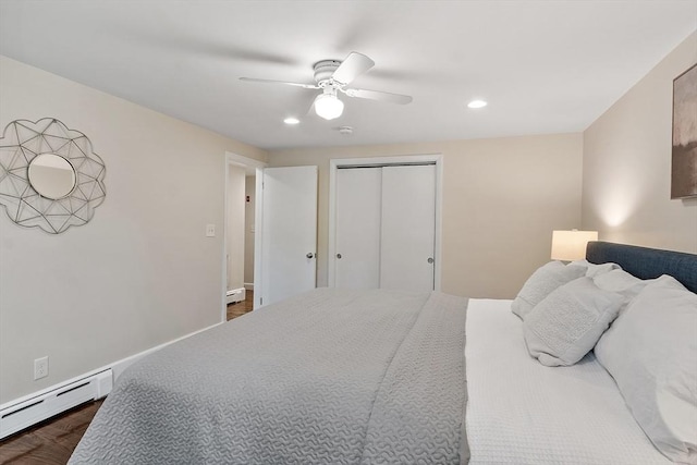 286 Laurel St, Melrose, MA 02176 - bedroom featuring baseboard heating, a closet, recessed lighting, a ceiling fan, and a baseboard heating unit
