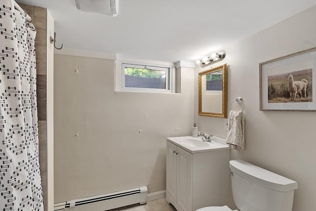 286 Laurel St, Melrose, MA 02176 - bathroom featuring baseboard heating, toilet, vanity, a shower with curtain, and baseboards