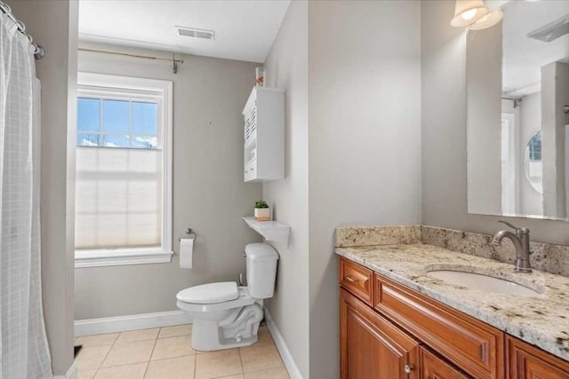 full bath with visible vents, toilet, vanity, baseboards, and tile patterned floors