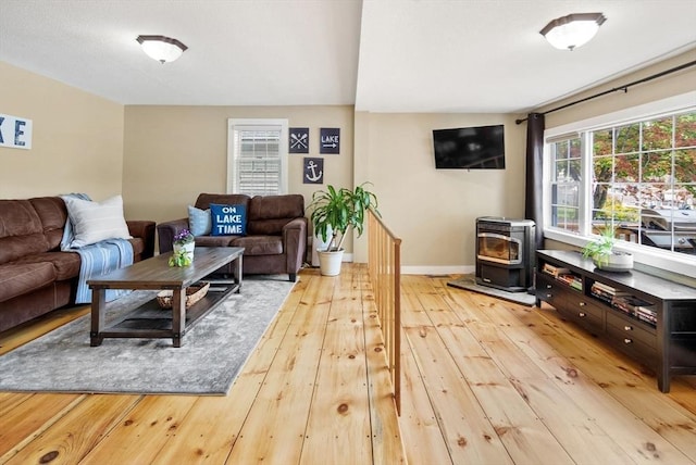27 Lakeview St, Southwick, MA 01077 - living room featuring baseboards, a wood stove, and hardwood / wood-style floors