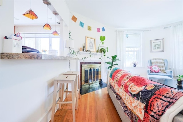 33 Saint Paul St Unit 3, Brookline, MA 02446 - bedroom featuring multiple windows, a fireplace with flush hearth, and light wood-style flooring