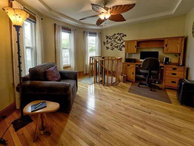 27 Newton Ave, Lynn, MA 01905 - home office featuring a raised ceiling, light wood-type flooring, and a ceiling fan