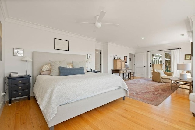 bedroom featuring ceiling fan, access to exterior, crown molding, baseboards, and light wood-style floors