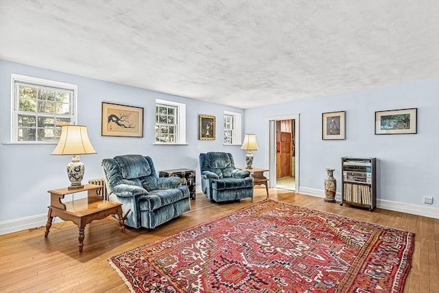 living room featuring hardwood / wood-style floors and a textured ceiling