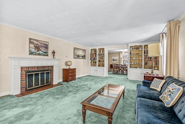 carpeted living room with a brick fireplace, crown molding, and built in features