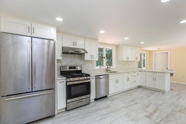 43 Hobart Ter, Braintree, MA 02184 - kitchen featuring stainless steel appliances, under cabinet range hood, a peninsula, light countertops, and recessed lighting