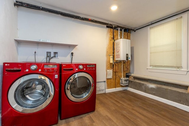 43 Hobart Ter, Braintree, MA 02184 - washroom featuring washer and dryer, tankless water heater, wood finished floors, and a garage