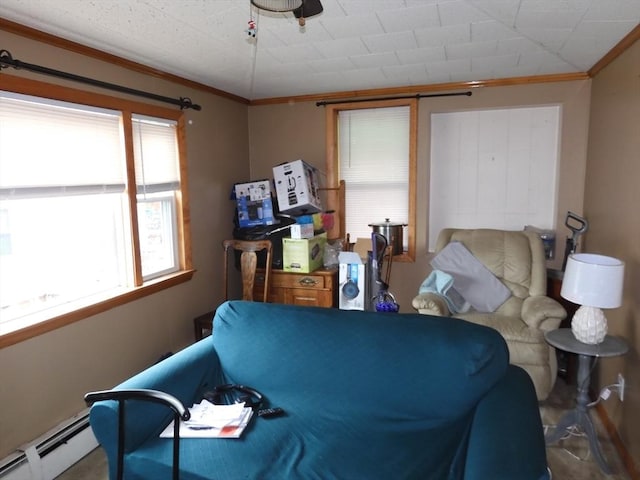 interior space featuring crown molding and a baseboard radiator