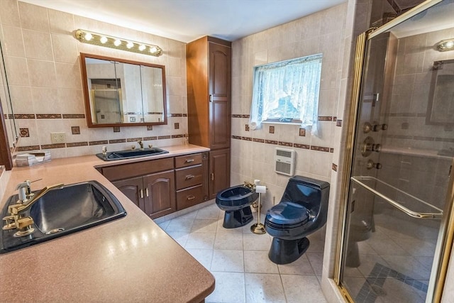 37 Colonial Way, Rehoboth, MA 02769 - full bath featuring tile walls, a stall shower, vanity, tile patterned flooring, and a bidet