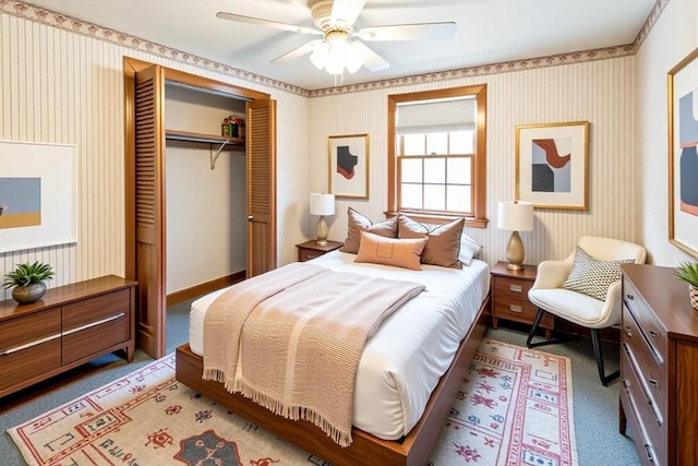 37 Colonial Way, Rehoboth, MA 02769 - carpeted bedroom with a closet, wallpapered walls, and a ceiling fan