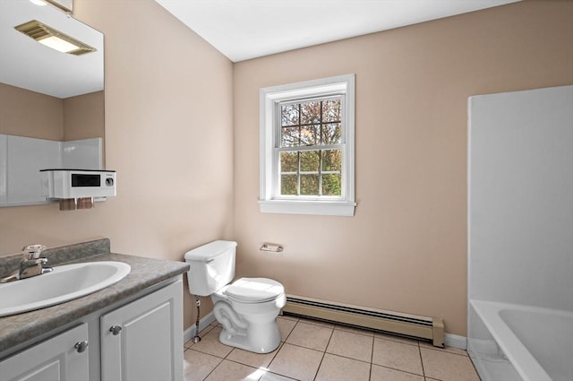bathroom featuring a baseboard radiator, baseboards, tile patterned flooring, toilet, and vanity