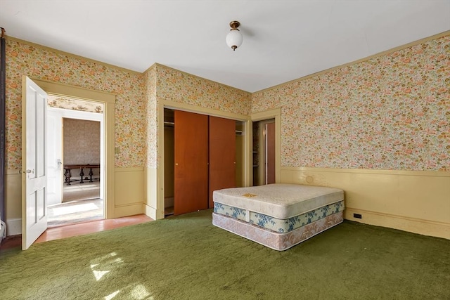 unfurnished bedroom featuring carpet flooring and a closet