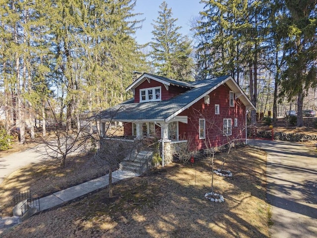 view of front of house with concrete driveway and a chimney