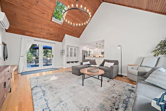 10 Stoughton Rd, Dedham, MA 02026 - living area featuring a chandelier, wooden ceiling, high vaulted ceiling, a wall mounted air conditioner, and light wood-type flooring
