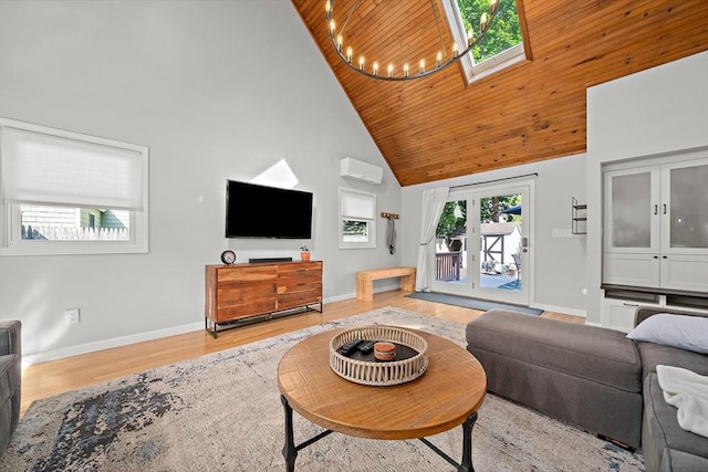 10 Stoughton Rd, Dedham, MA 02026 - living area featuring high vaulted ceiling, wooden ceiling, a wall unit AC, a skylight, and french doors