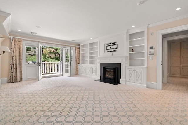 unfurnished living room with a fireplace with flush hearth, baseboards, crown molding, and carpet