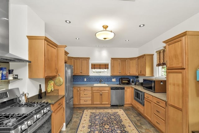 49 Norfolk St, Boston, MA 02119 - kitchen with appliances with stainless steel finishes, a sink, wall chimney exhaust hood, recessed lighting, and stone finish flooring