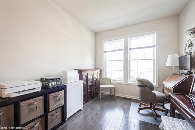 office featuring dark wood-style flooring, baseboards, and visible vents