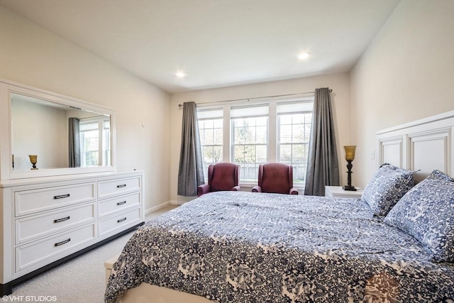 bedroom featuring carpet flooring, recessed lighting, and baseboards