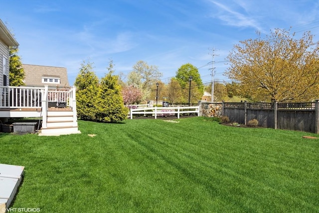 view of yard featuring a fenced backyard and a wooden deck
