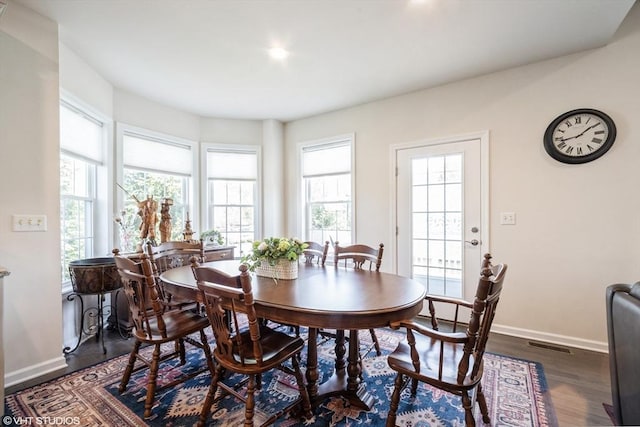 dining room with visible vents, recessed lighting, baseboards, and dark wood-style floors
