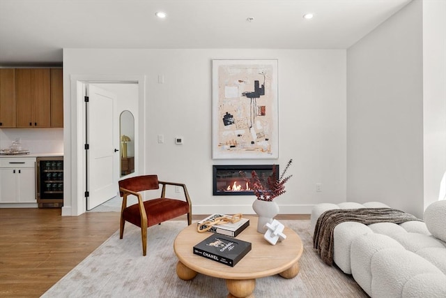 20 Audubon Way Unit 208, Canton, MA 02021 - living area featuring wine cooler, a dry bar, wood finished floors, recessed lighting, and a glass covered fireplace