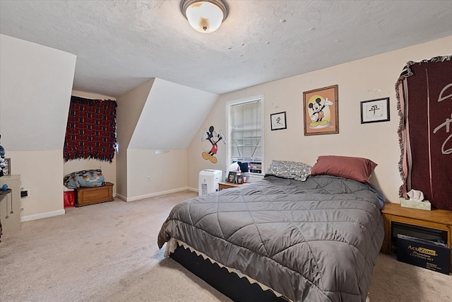 bedroom with carpet, a textured ceiling, and vaulted ceiling