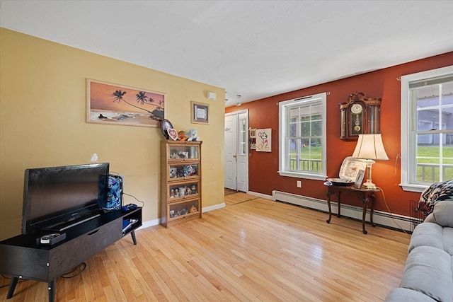 living room featuring baseboard heating and light hardwood / wood-style floors