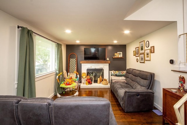 36 Pratt St, Brockton, MA 02302 - living room featuring wood finished floors, a brick fireplace, recessed lighting, and baseboards