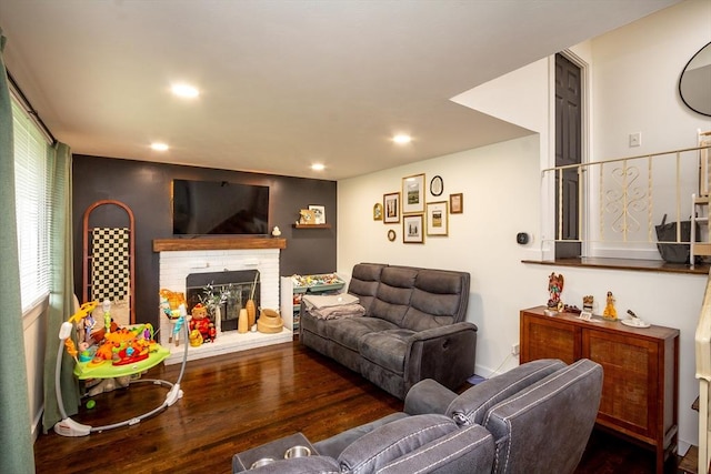 36 Pratt St, Brockton, MA 02302 - living area with wood finished floors, a brick fireplace, and recessed lighting