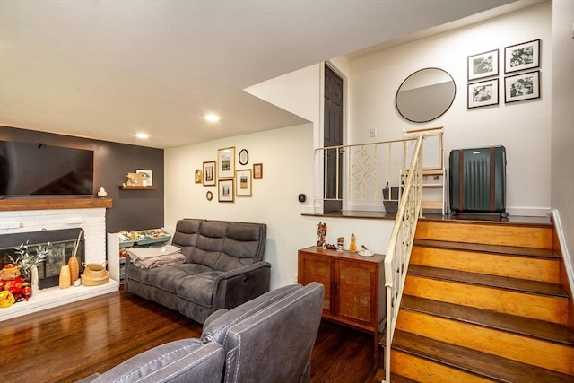 36 Pratt St, Brockton, MA 02302 - living room featuring stairway, wood finished floors, recessed lighting, and a brick fireplace