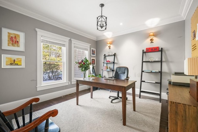 office space featuring crown molding and wood finished floors