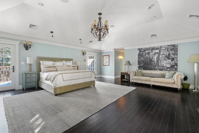 bedroom featuring an inviting chandelier, access to outside, and visible vents