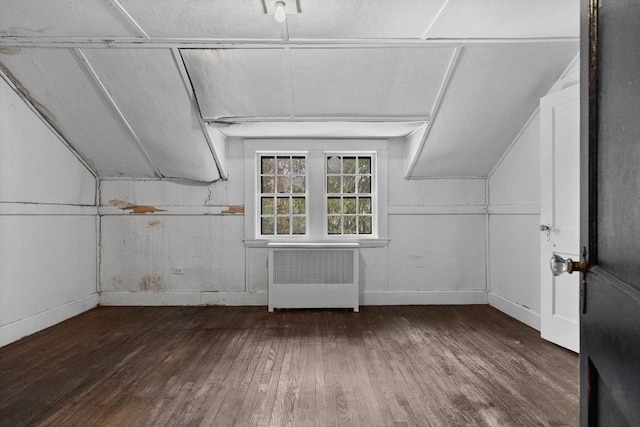 additional living space featuring lofted ceiling, radiator heating unit, and wood finished floors