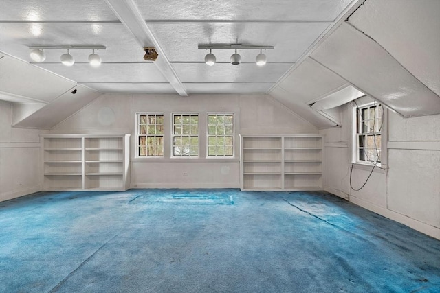 additional living space featuring lofted ceiling, a textured ceiling, and carpet flooring