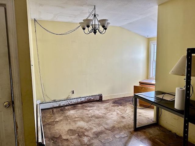 unfurnished dining area featuring lofted ceiling and an inviting chandelier