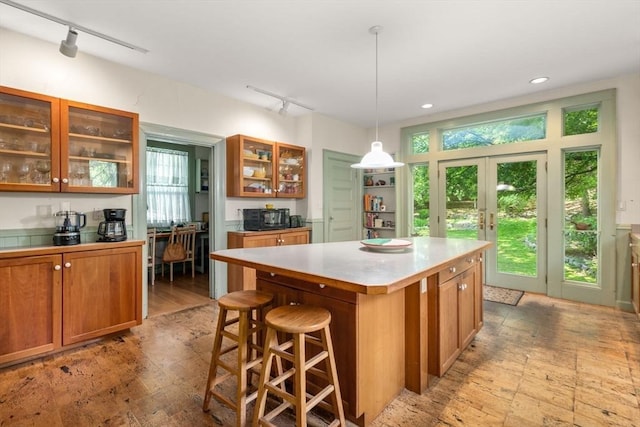 18 Milton Rd, Brookline, MA 02445 - kitchen with track lighting, french doors, brown cabinets, plenty of natural light, and recessed lighting