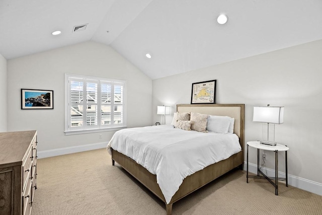 bedroom featuring baseboards, visible vents, lofted ceiling, and light colored carpet