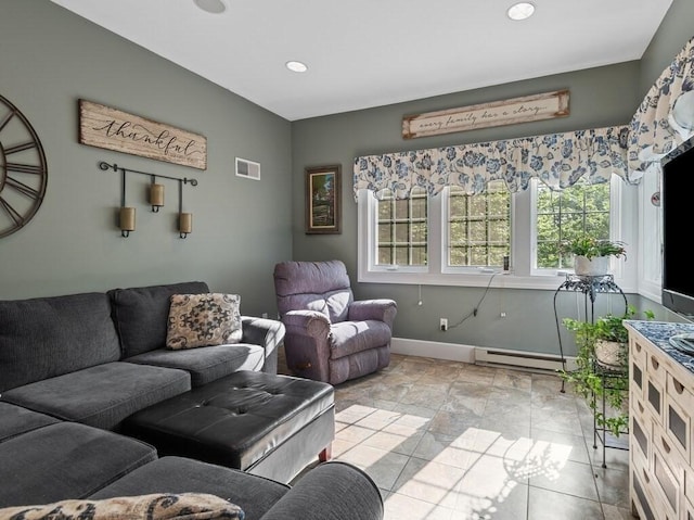 101 Colonial Dr Unit 101, Sturbridge, MA 01566 - living room featuring a baseboard radiator, baseboards, and recessed lighting