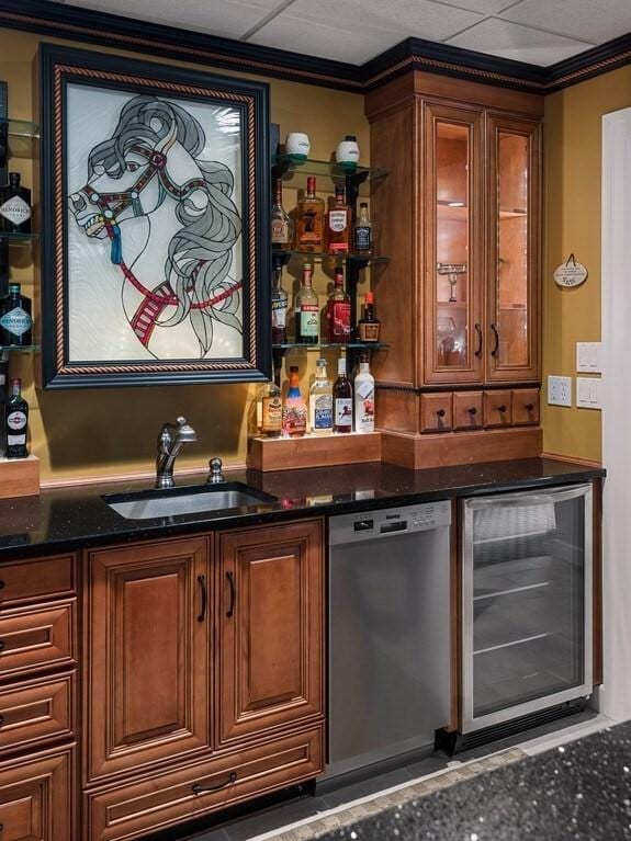 101 Colonial Dr Unit 101, Sturbridge, MA 01566 - indoor wet bar featuring stainless steel dishwasher, wine cooler, and crown molding