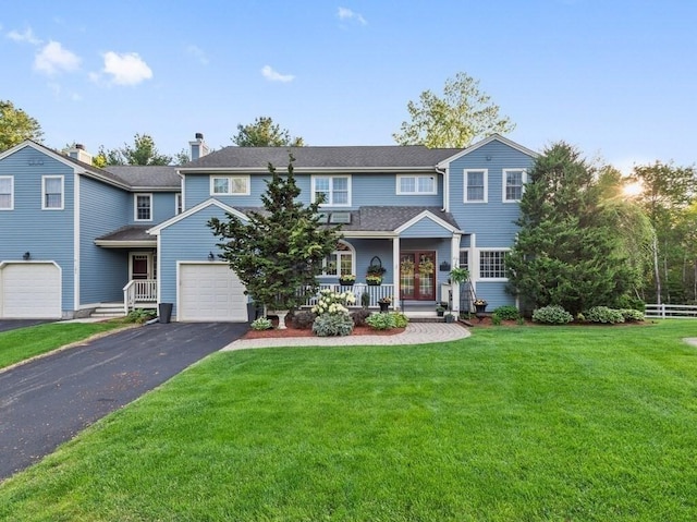 101 Colonial Dr Unit 101, Sturbridge, MA 01566 - view of front of house with driveway, a front lawn, covered porch, french doors, and a garage