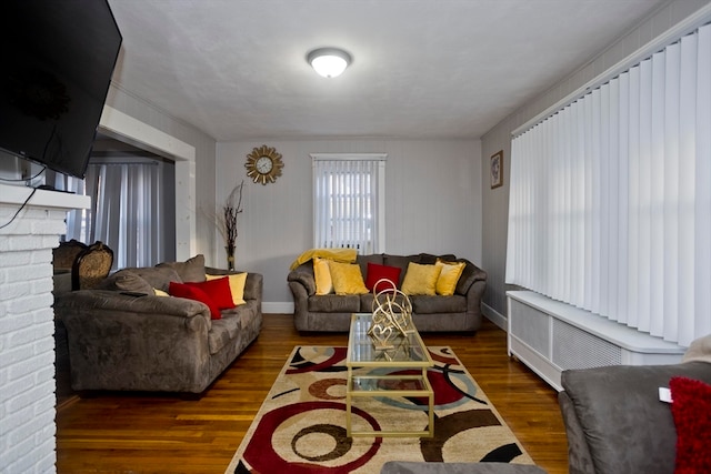 living room featuring dark hardwood / wood-style floors, a fireplace, and radiator